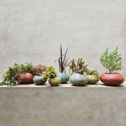 Handmade colored papercrete planter perfect for home and garden.