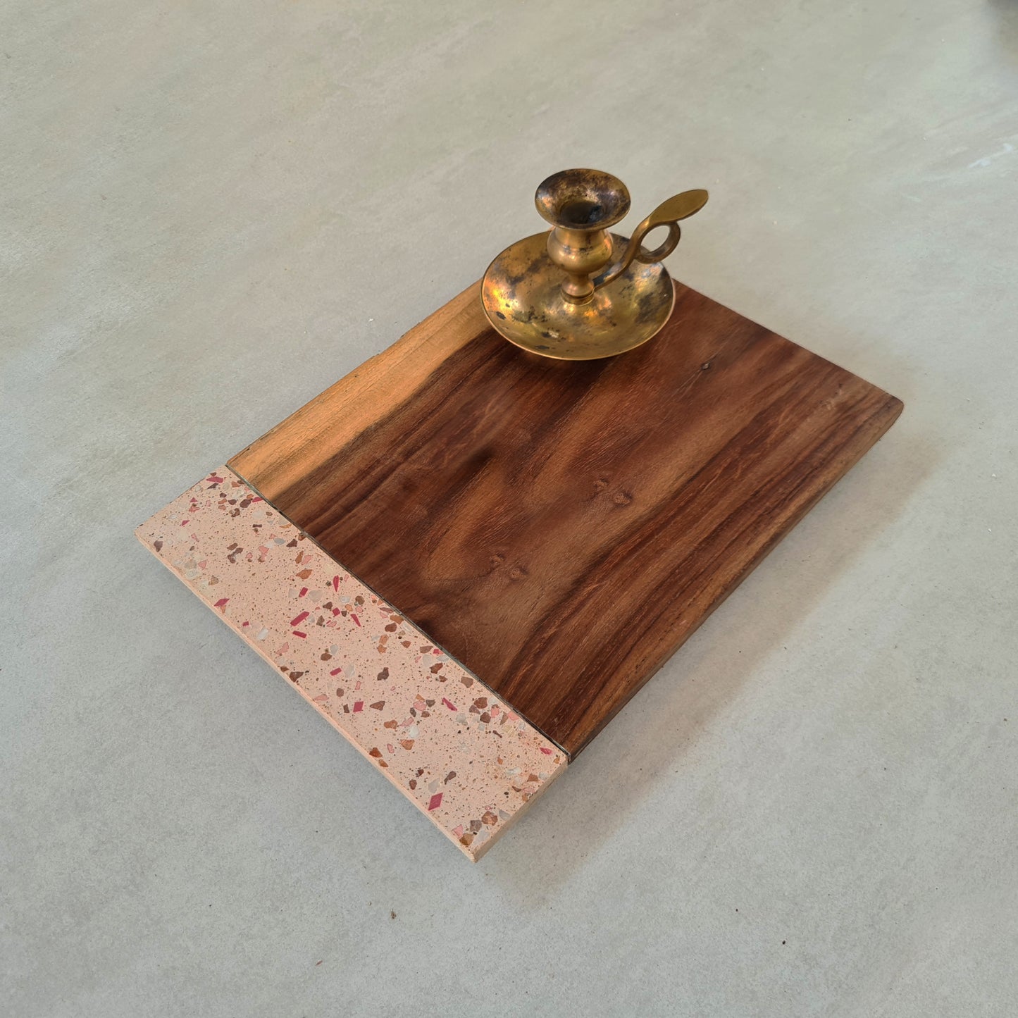 Handmade rectangular platter made with wood and terrazzo.2