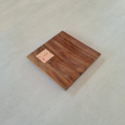 Handmade square platter made with wood and terrazzo. 