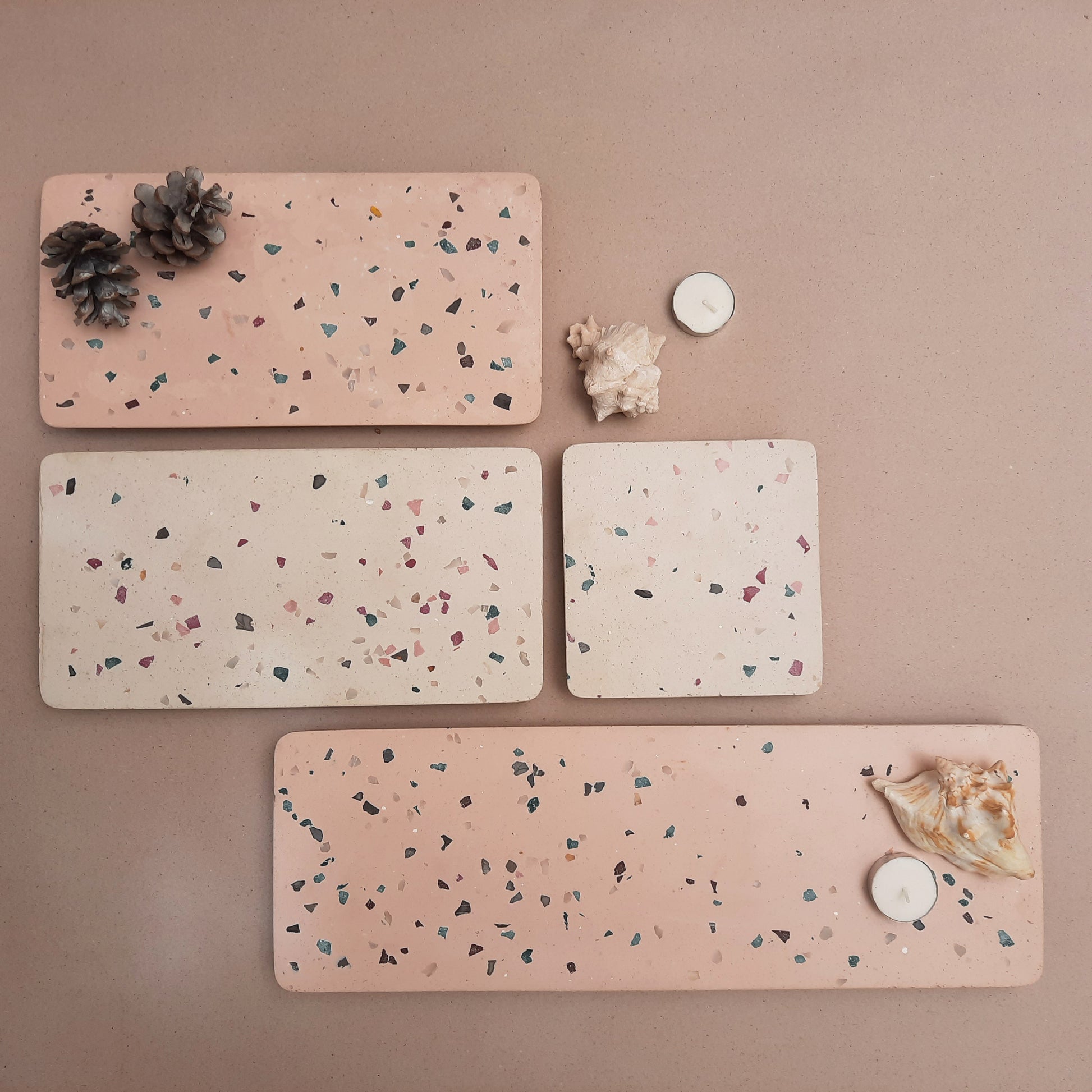 Handmade terrazzo serving platters and trays.