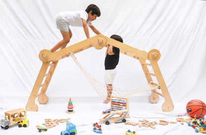 One view of the Pikler, a modular triangular climbing frame for children.