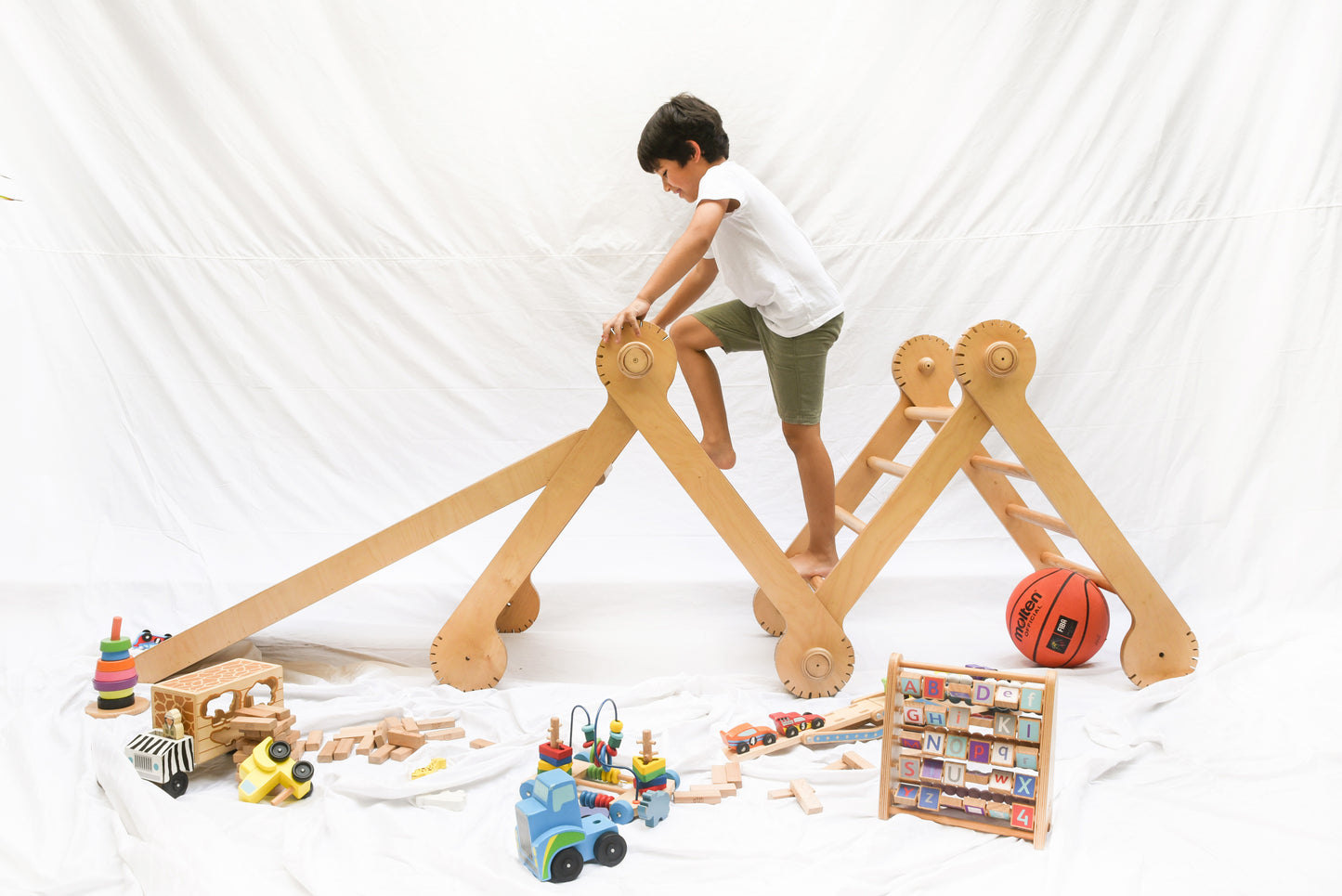 One view of the Pikler, a modular triangular climbing frame for children.3