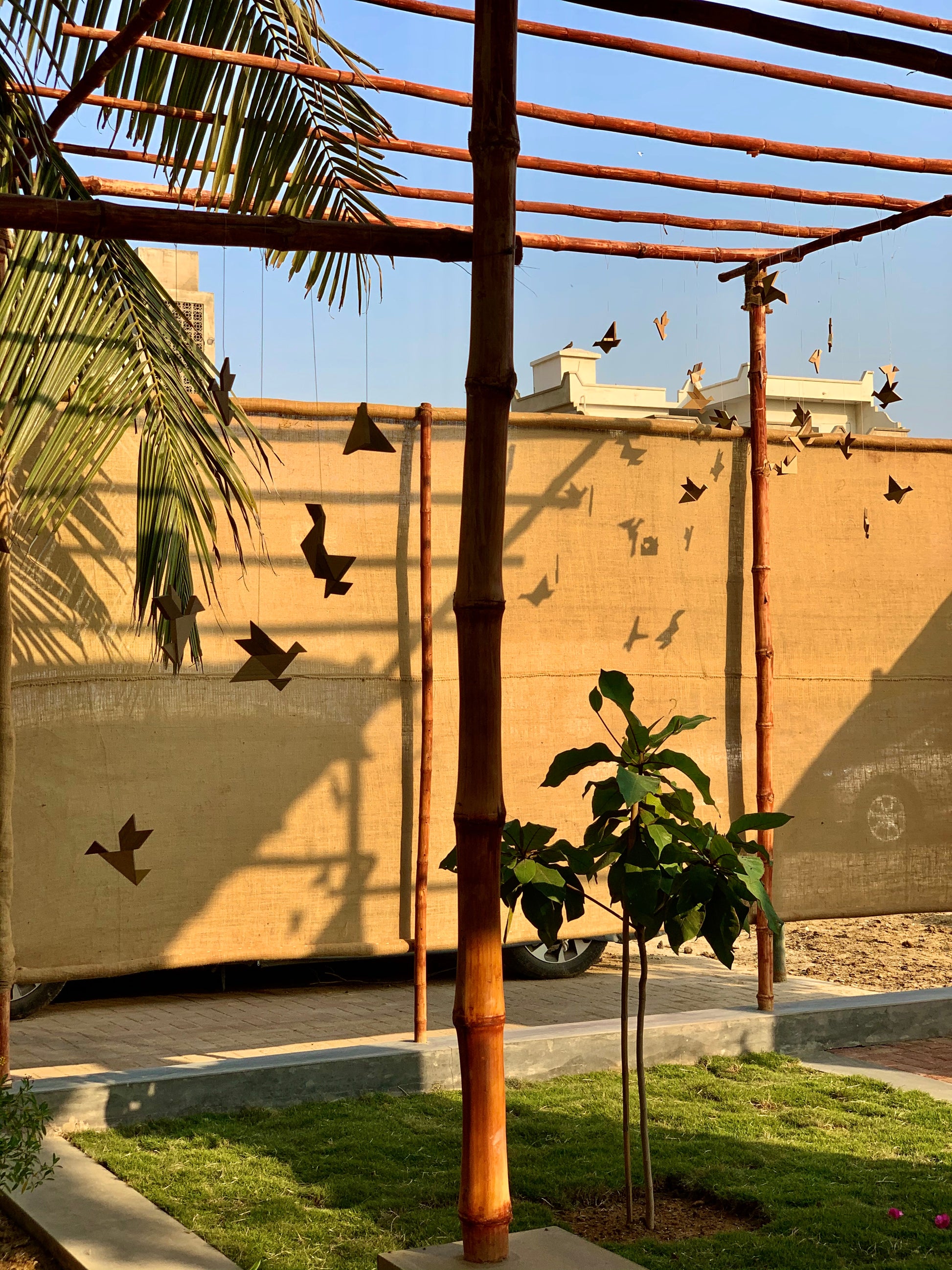 Wooden Parinday installation outdoors, made by hand.